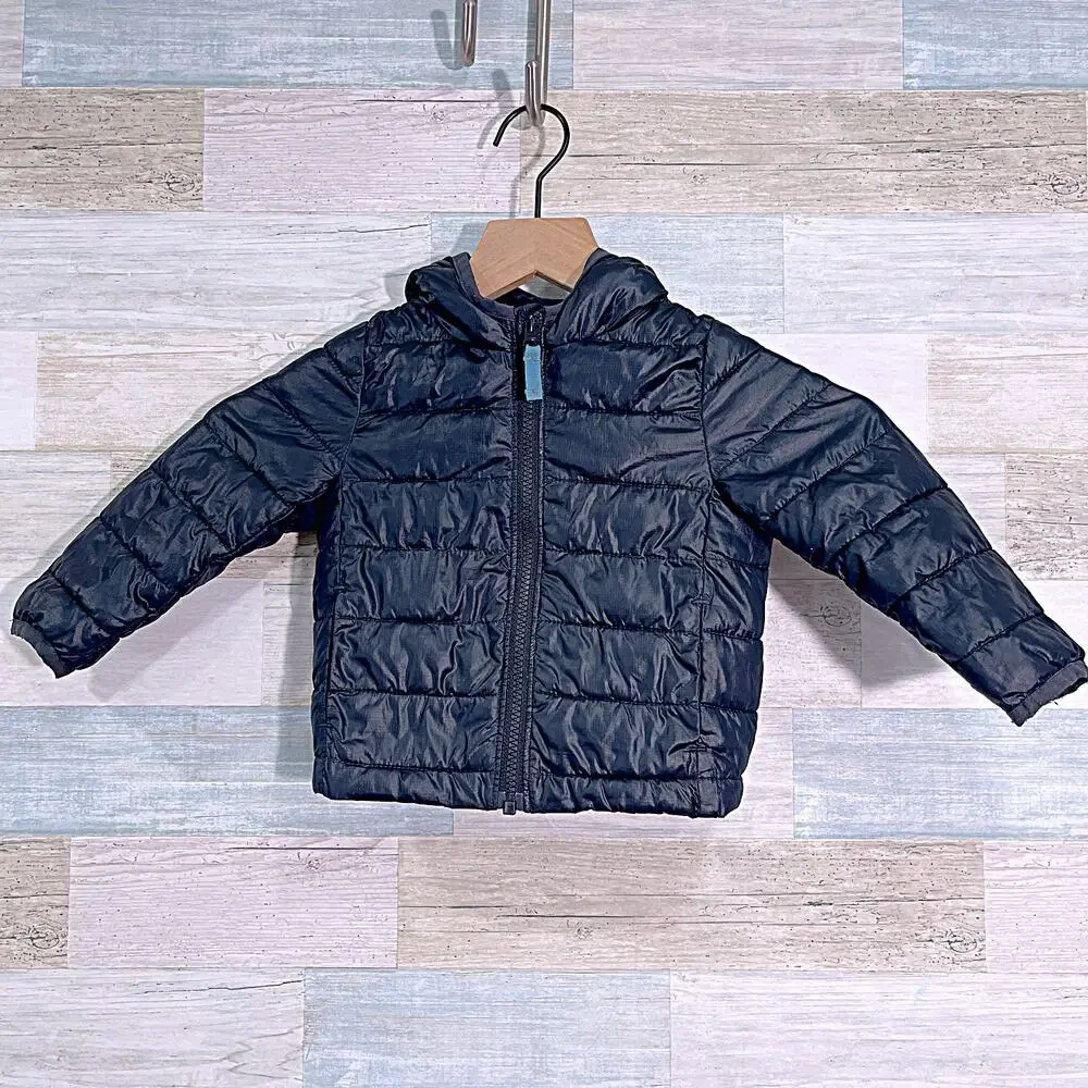 Primary Lightweight Hooded Puffer Jacket Black Full Zip Baby Toddler 12-18M